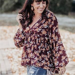 Umber brown floral balloon sleeve boho top